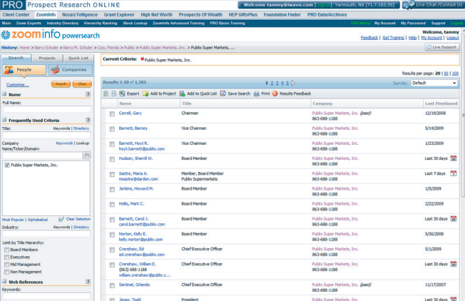 Image of iwave's Prospect Research tool circa 2009-2010