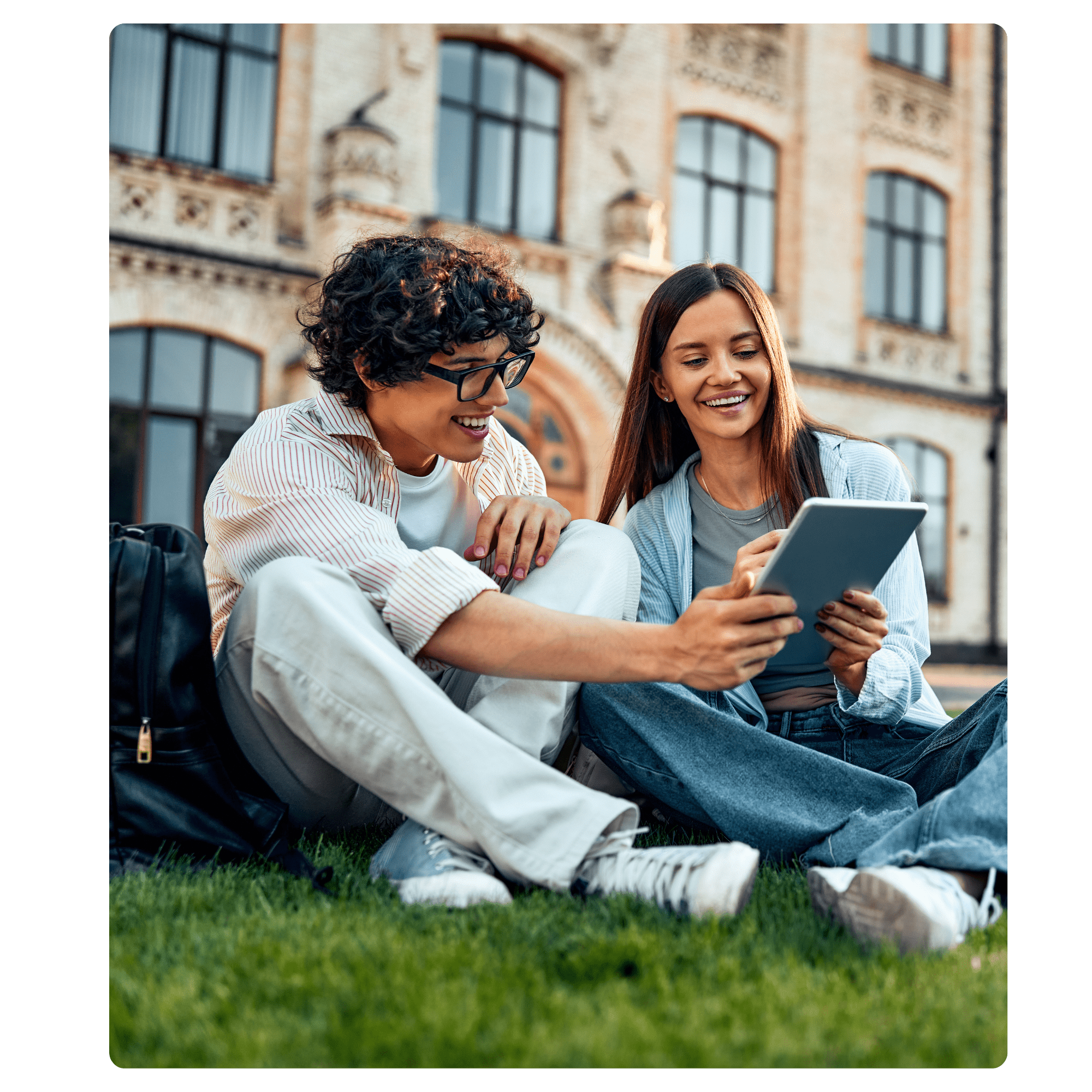 Higher education fundraising platform hero banner - students at a university
