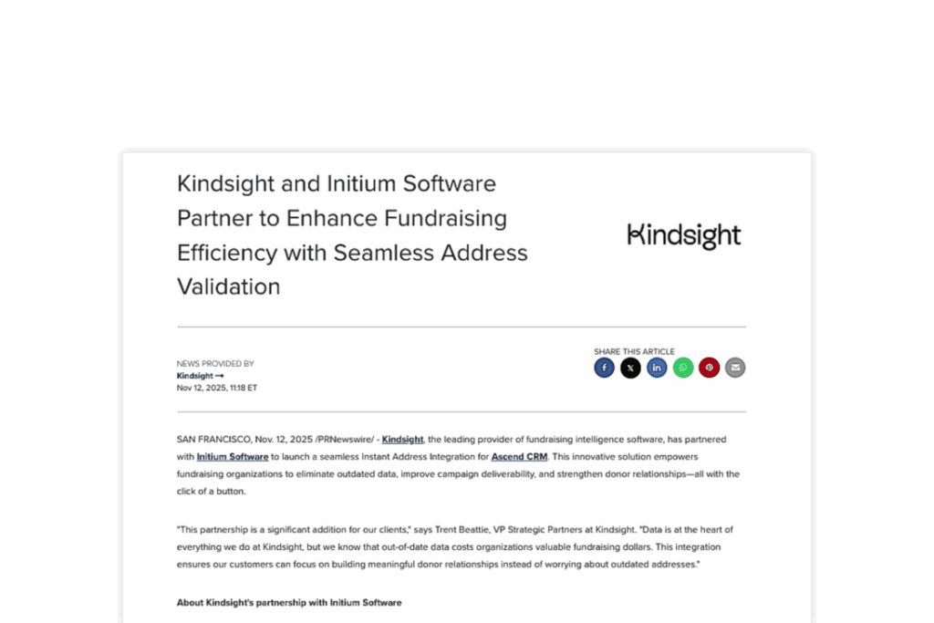 Kindsight and Initium Software Partner to Enhance Fundraising Efficiency with Seamless Address Validation