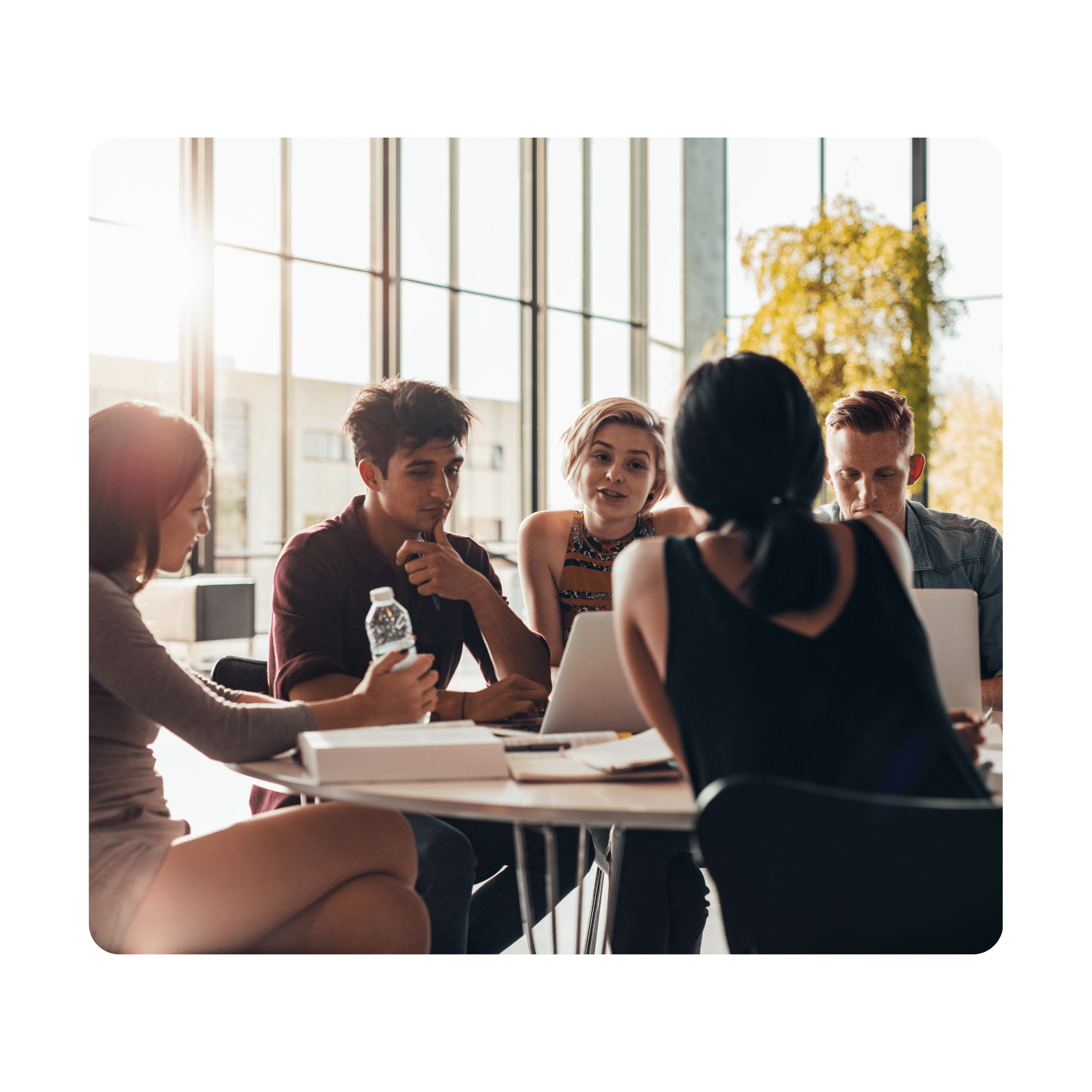 A group of five young adults sit around a table with laptops and notebooks, engaged in a discussion, in a bright room with large windows.